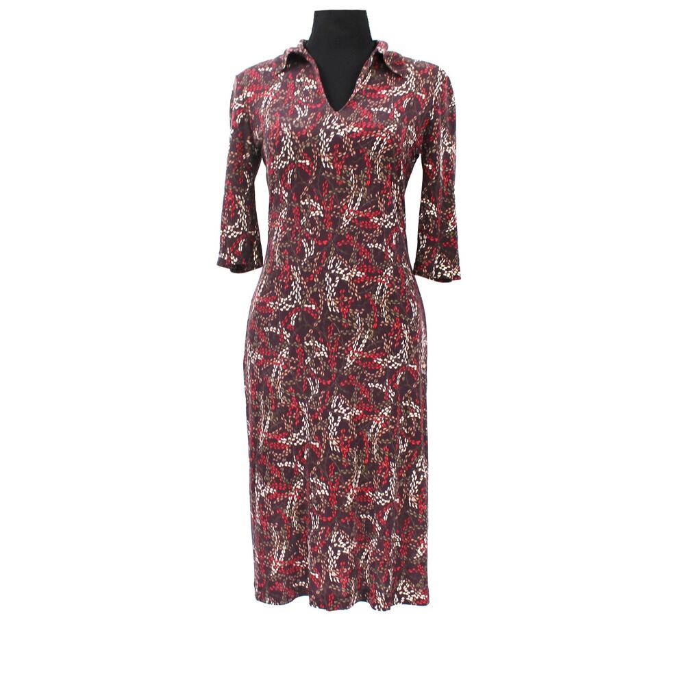 Diane Von Furstenberg Brown Red Pattern Silk Collared Sheath Dress 6 Knee Length